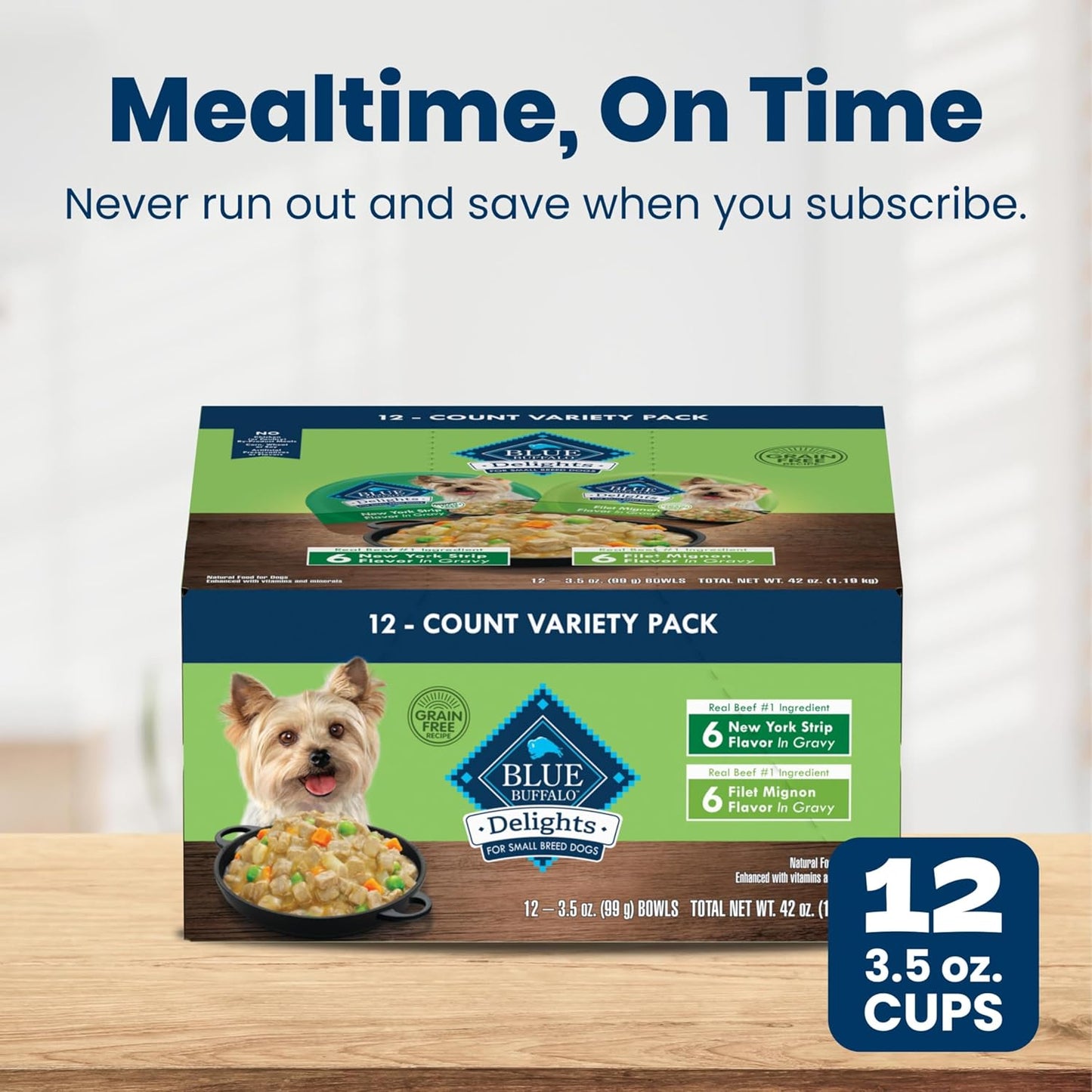 Blue Buffalo Delights Variety Pack Natural Grain Free Wet Dog Food for Small Breed Dogs (Filet Mignon Flavor & New York Strip Flavor) in Gravy with Natural Ingredients, 3.5-oz. Each (12 Cups) - Image 10