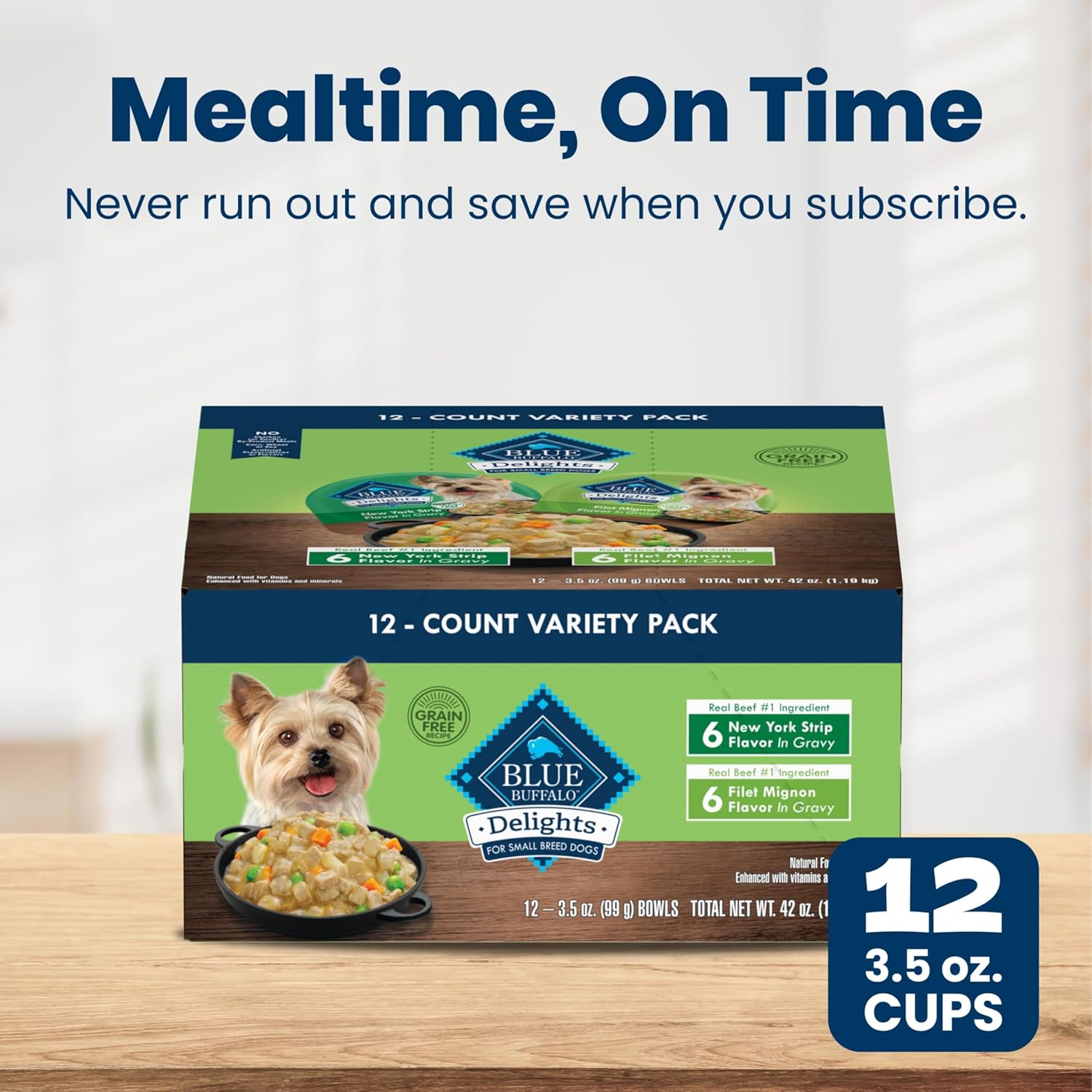 Blue Buffalo Delights Variety Pack Natural Grain Free Wet Dog Food for Small Breed Dogs (Filet Mignon Flavor & New York Strip Flavor) in Gravy with Natural Ingredients, 3.5-oz. Each (12 Cups) - Image 10