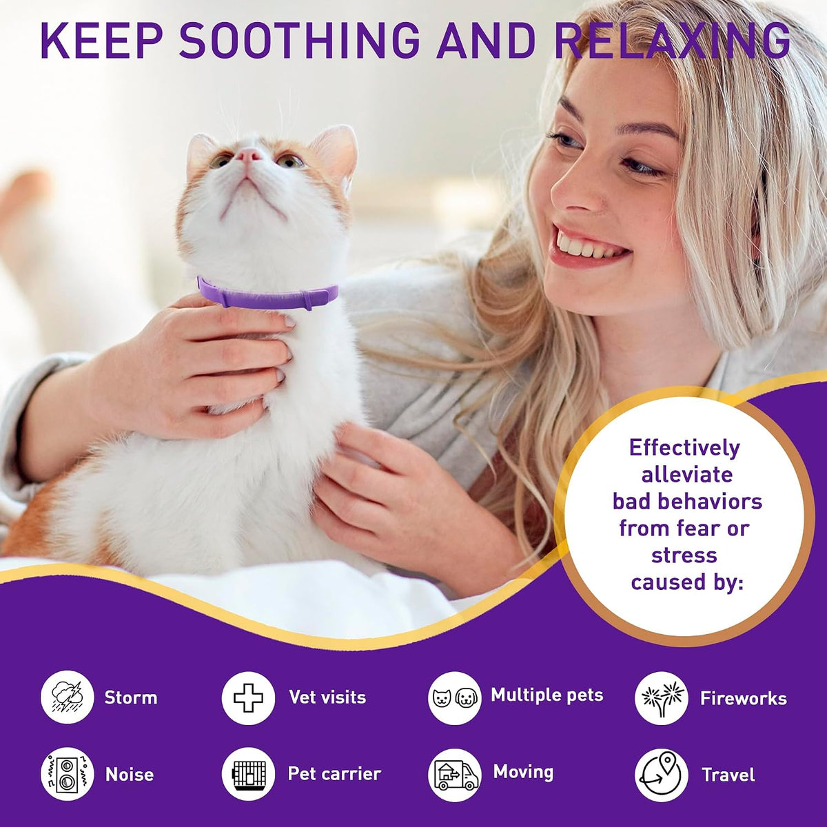 Waterproof breakaway cat anxiety relief collar close up view