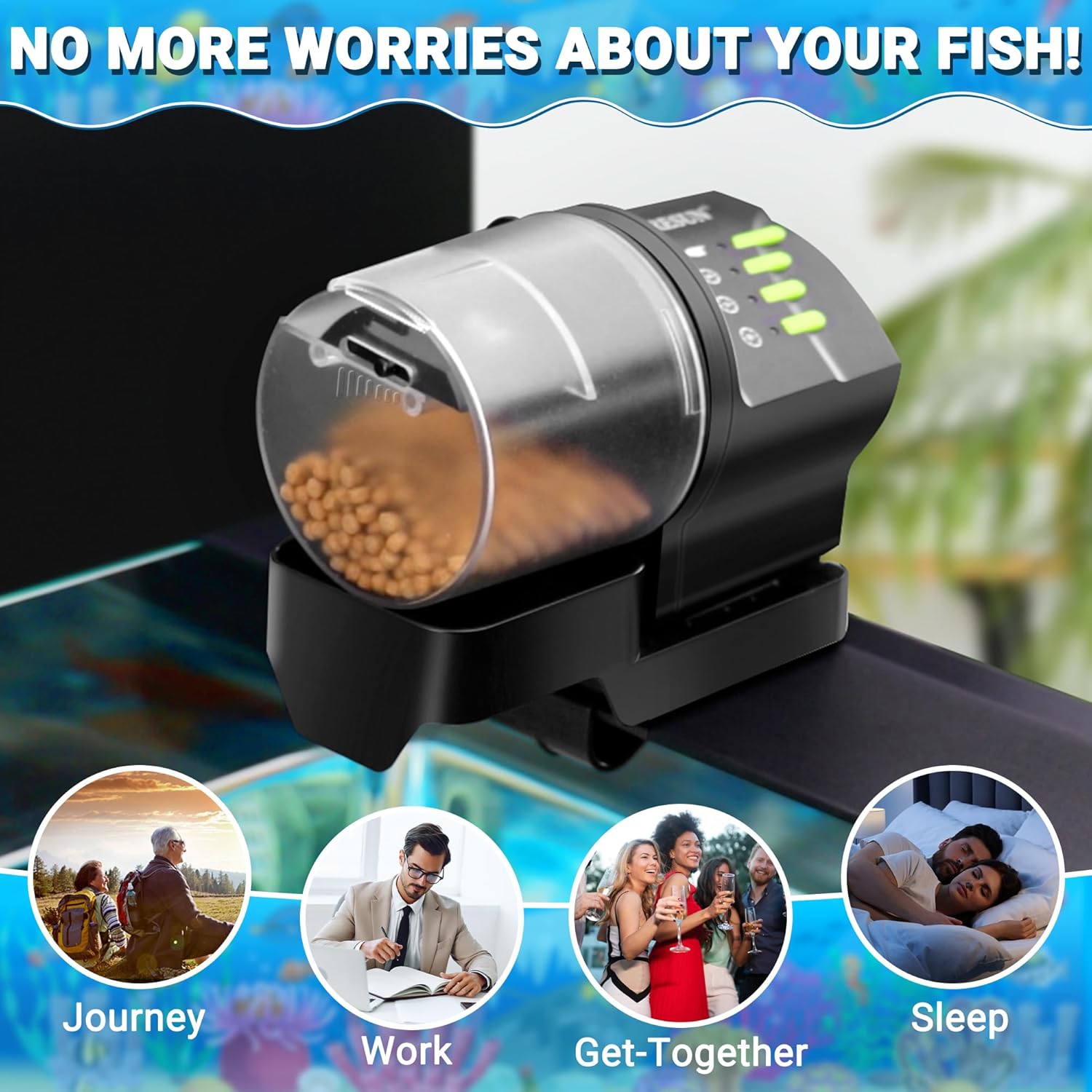 Ycozy automatic turtle and fish feeder showing the standard edge clamp installation on an open top glass aquarium.