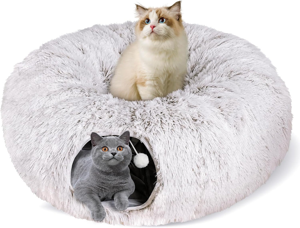 Cat Tunnel Bed for Indoor Cats, Peekaboo Cat Cave with Washable Soft Play Mat, Furry Cat Tube, for Kitten/Puppy/Rabbit, Grey - Image 12