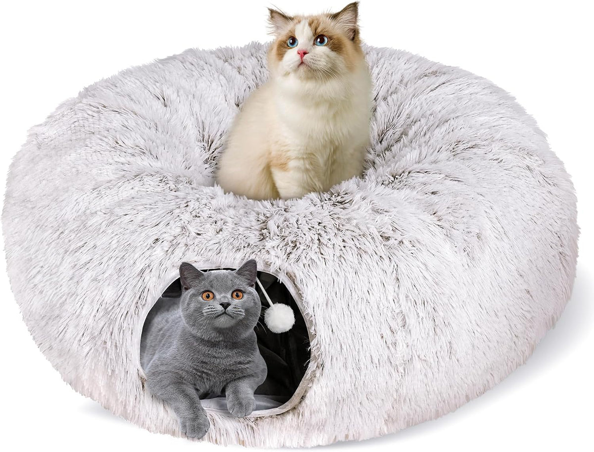 Cat Tunnel Bed for Indoor Cats, Peekaboo Cat Cave with Washable Soft Play Mat, Furry Cat Tube, for Kitten/Puppy/Rabbit, Grey - Image 12
