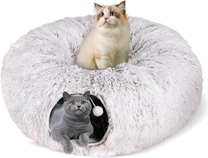 Cat Tunnel Bed for Indoor Cats, Peekaboo Cat Cave with Washable Soft Play Mat, Furry Cat Tube, for Kitten/Puppy/Rabbit, Grey - Image 12