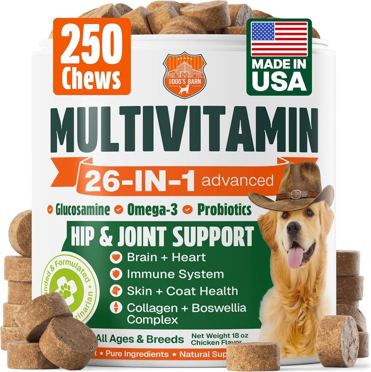 Old Dog's Barn 26-in-1 dog multivitamin soft chews front view bottle pack