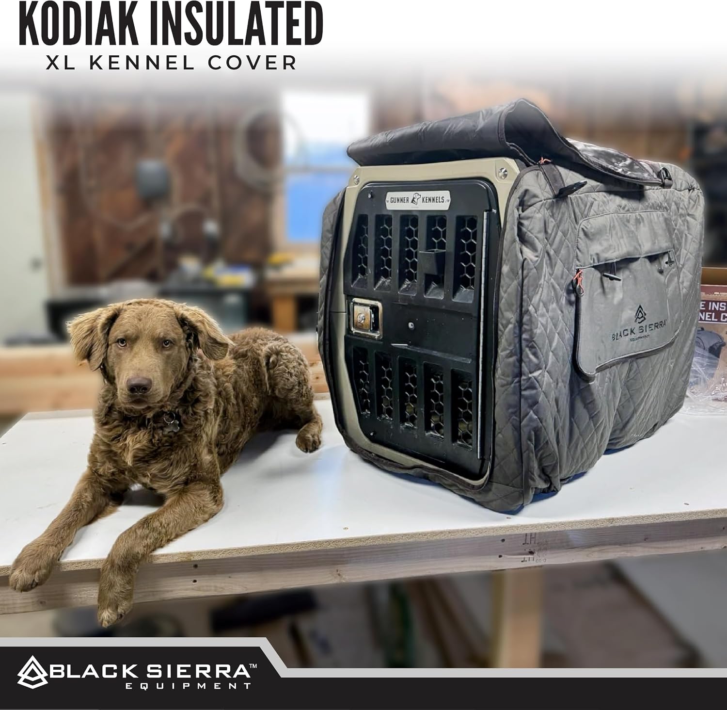Side view of heavy duty quilted dog crate cover with zipper accessory pockets