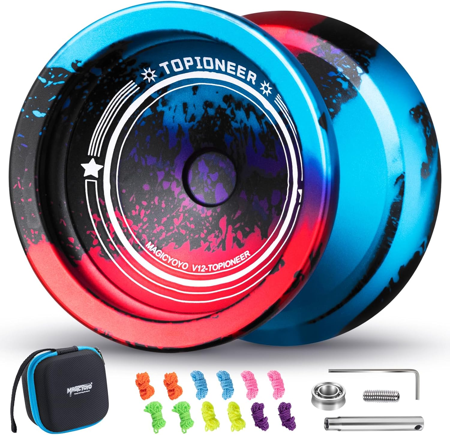 Magicyoyo V12 Finger Spin Yoyo front view in black blue red