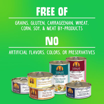 Weruva natural gluten free wet dog food cans arranged by flavor assortment profile.