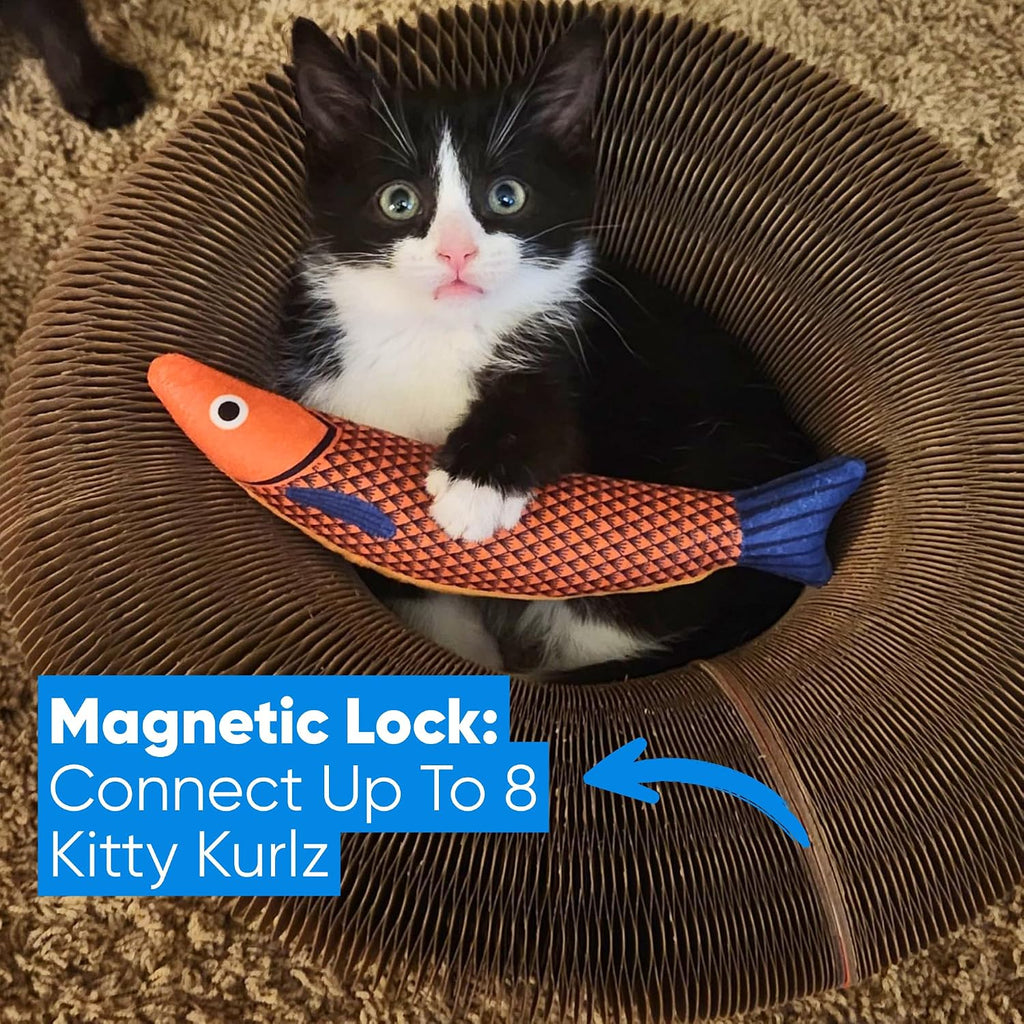 Kitty Kurlz shape-shifting cat scratcher arranged in an extended spiral layout on the living room floor.