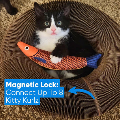 Kitty Kurlz shape-shifting cat scratcher arranged in an extended spiral layout on the living room floor.