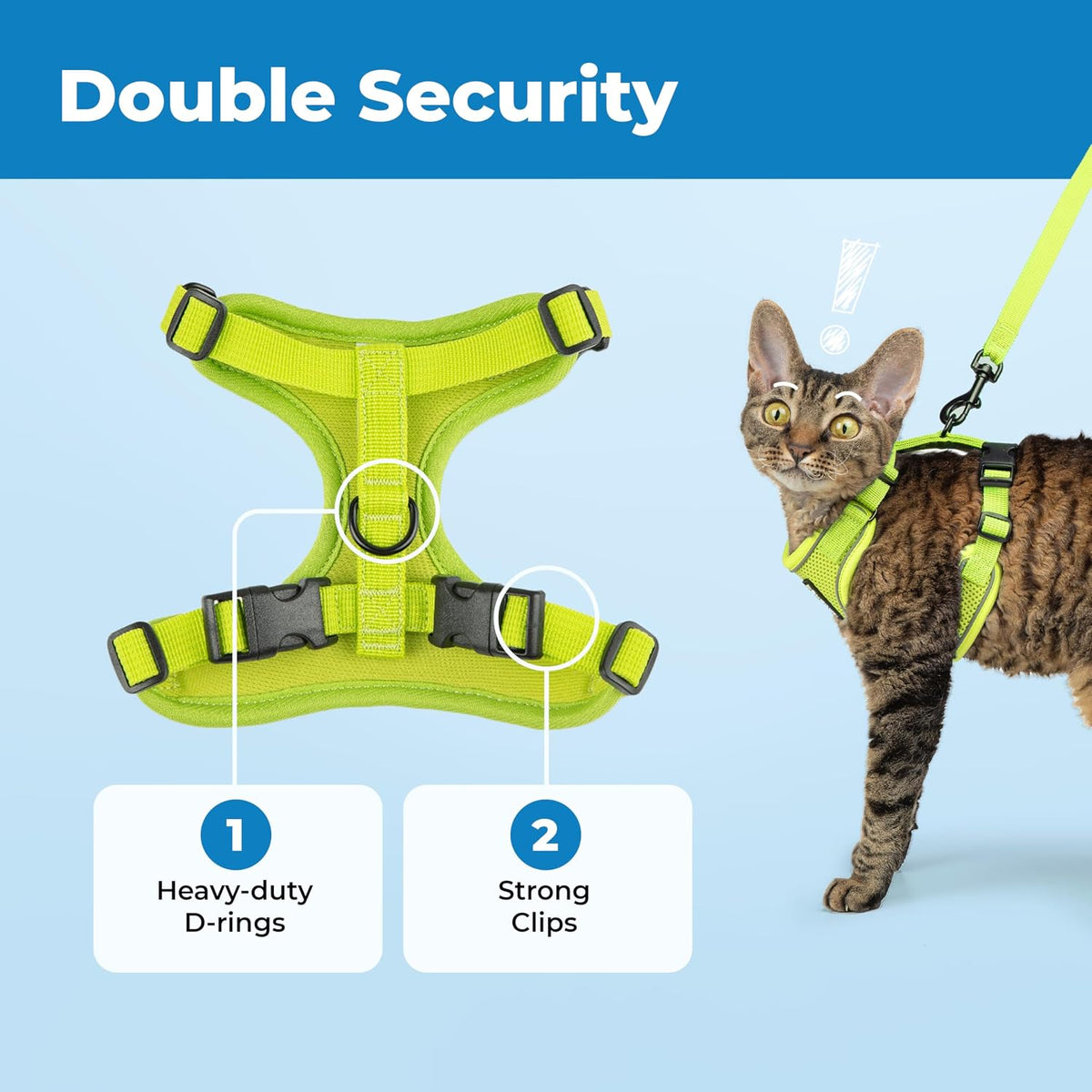 Reflective stitching detail on extra small lime cat harness vest