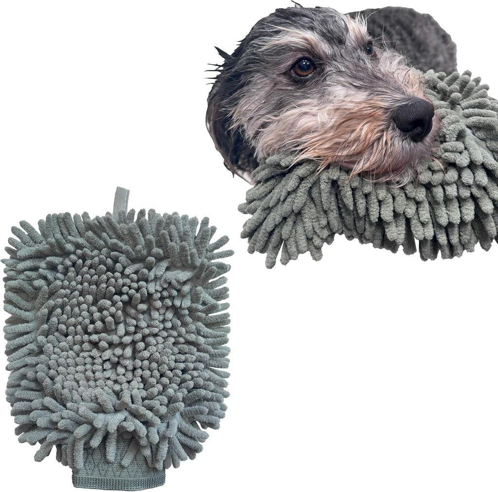 Spot Clean Paws Chenille Microfiber Dog Towel Mitt front view showing green absorbent fabric.