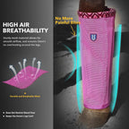 CareMaster fuchsia horse fly boots emphasizing the soft patterned fleece trim edges.