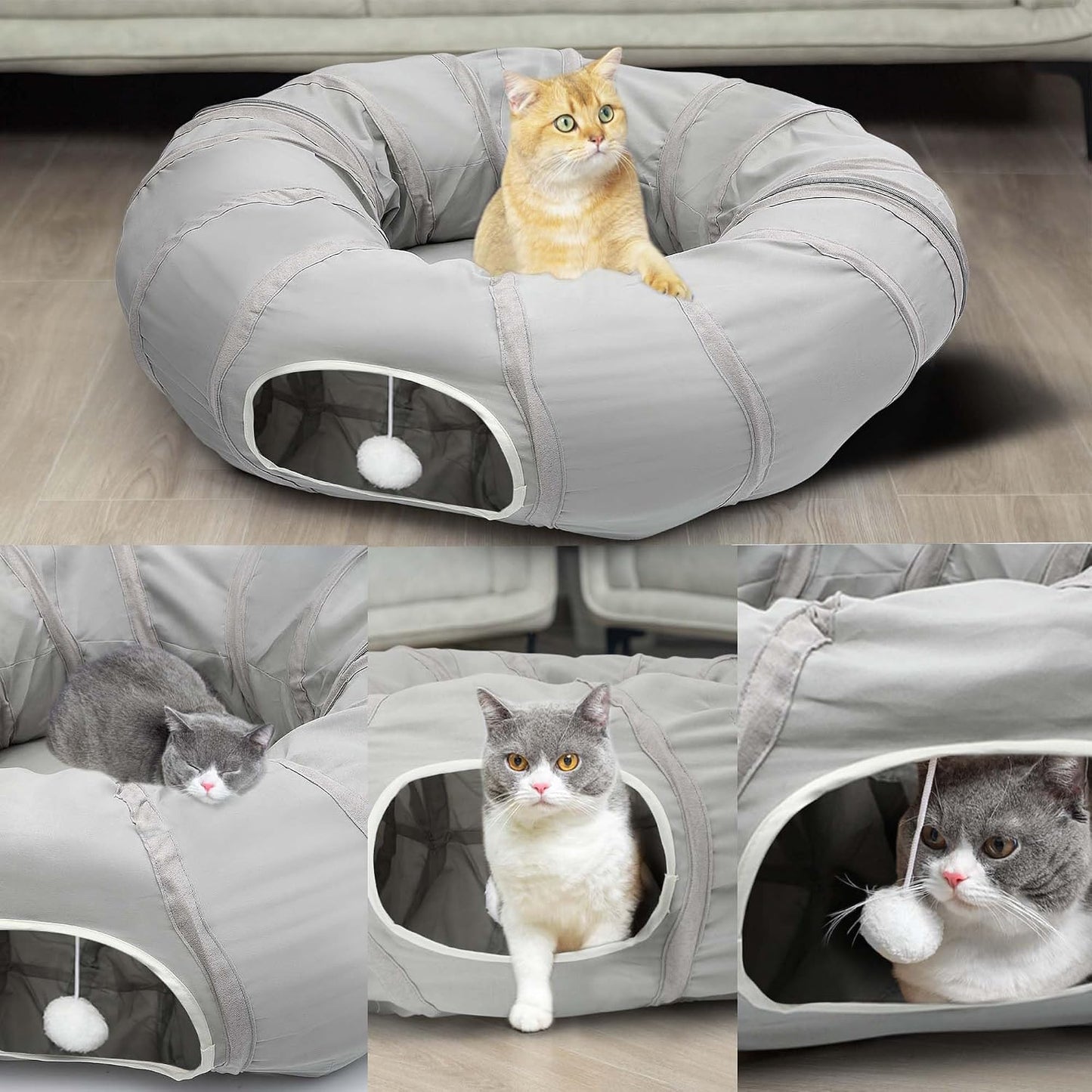 Multi cat household playing inside the S shaped configuration of the AUOON pet tunnel