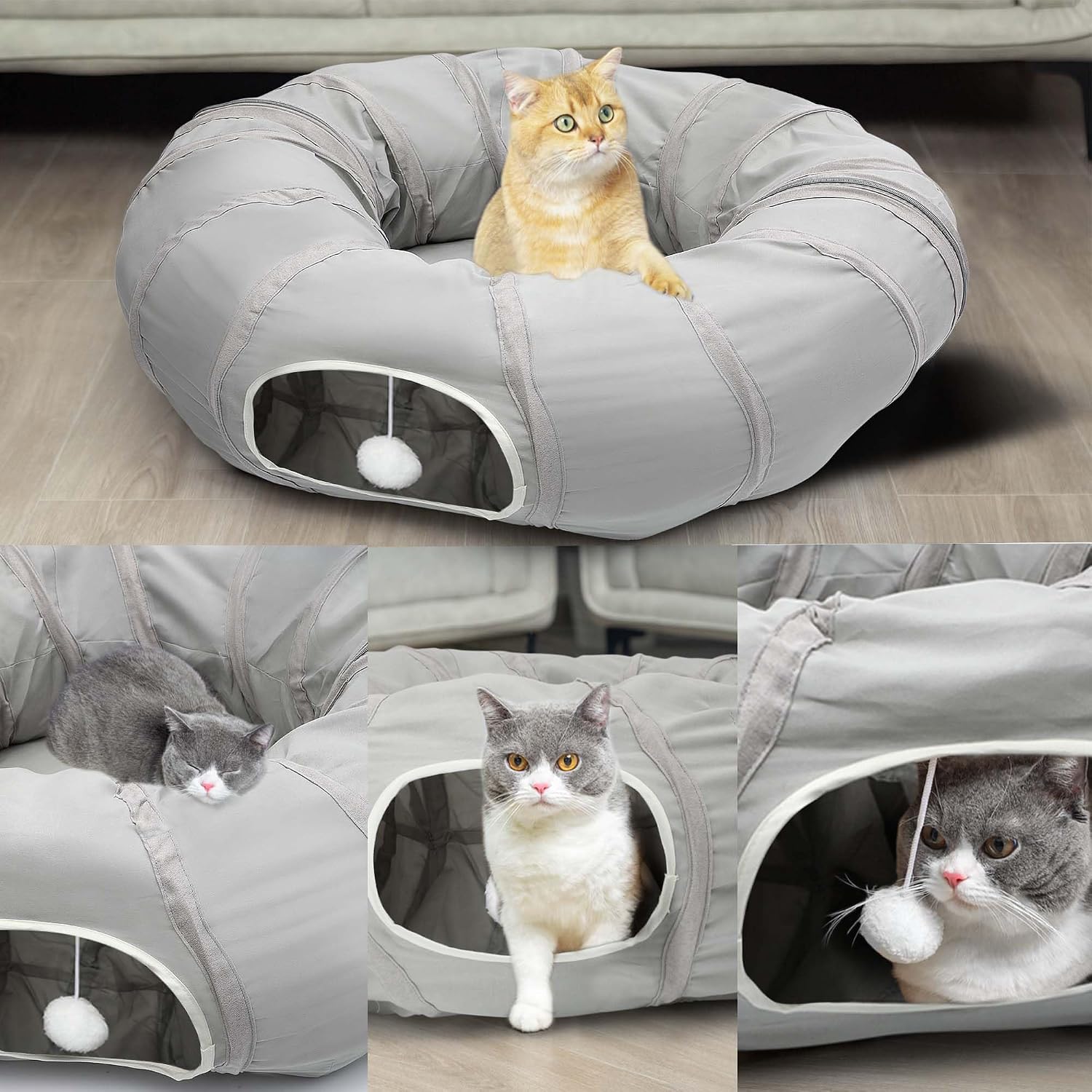Multi cat household playing inside the S shaped configuration of the AUOON pet tunnel