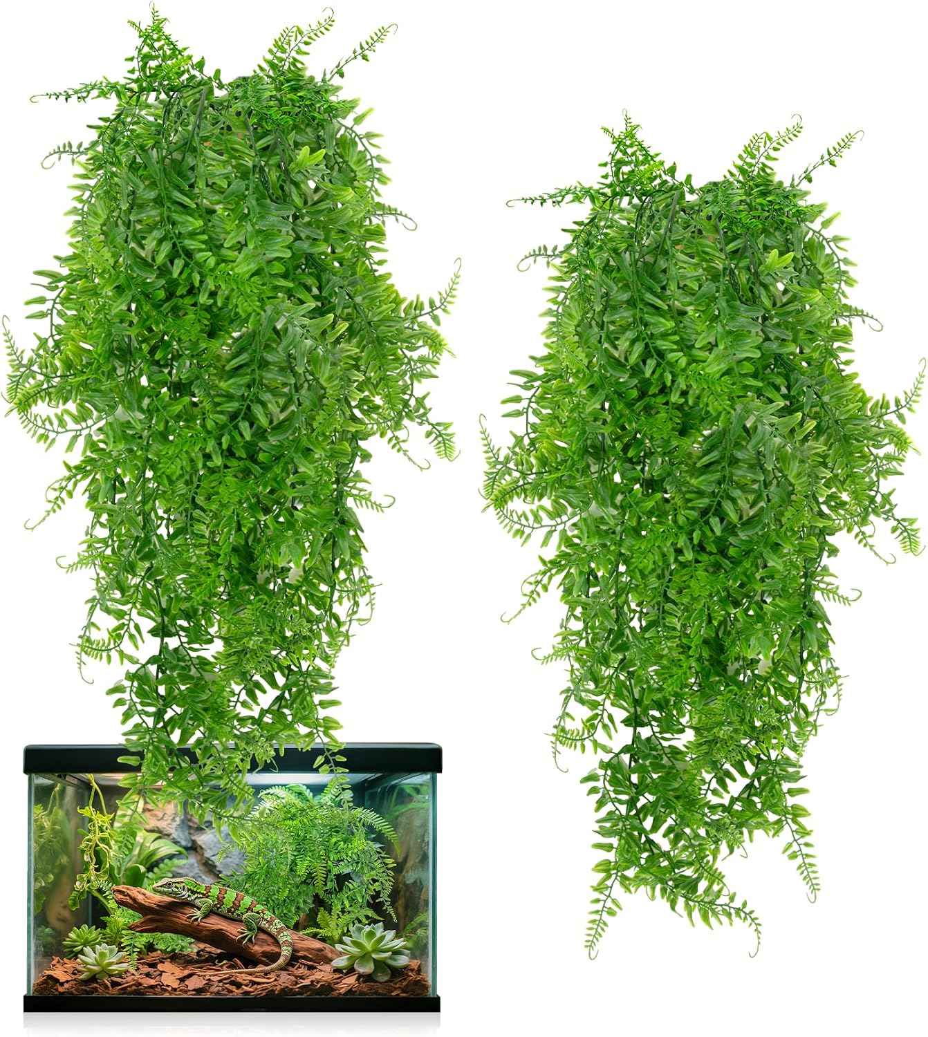 Rainflow 2 pieces artificial Boston fern reptile plants front view