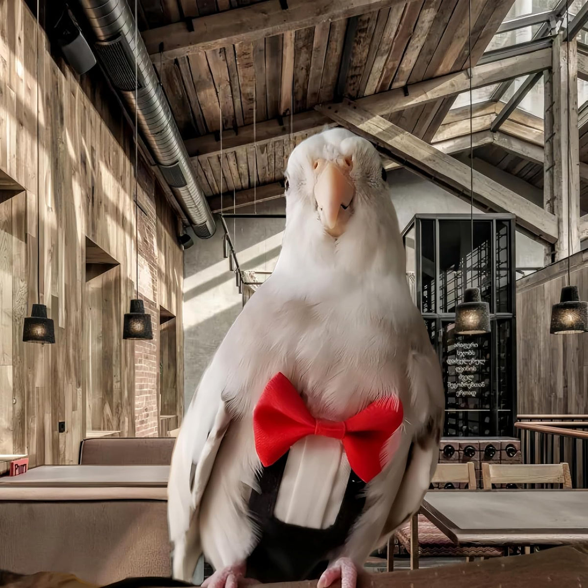 Side angle view of the black tuxedo bird costume with bow tie detail