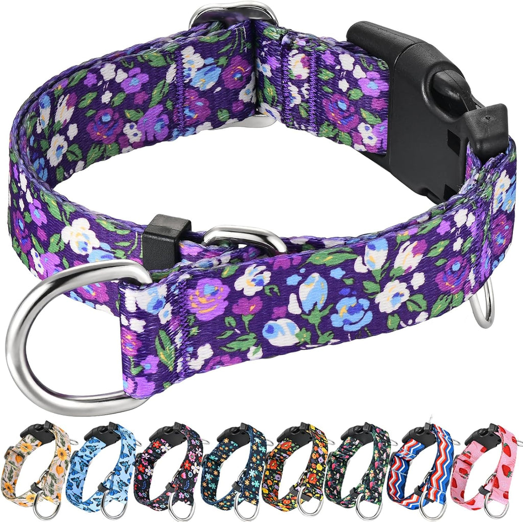 Fidohug Martingale Dog Collar front view showing the purple floral pattern and quick-release buckle