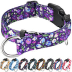 Fidohug Martingale Dog Collar front view showing the purple floral pattern and quick-release buckle