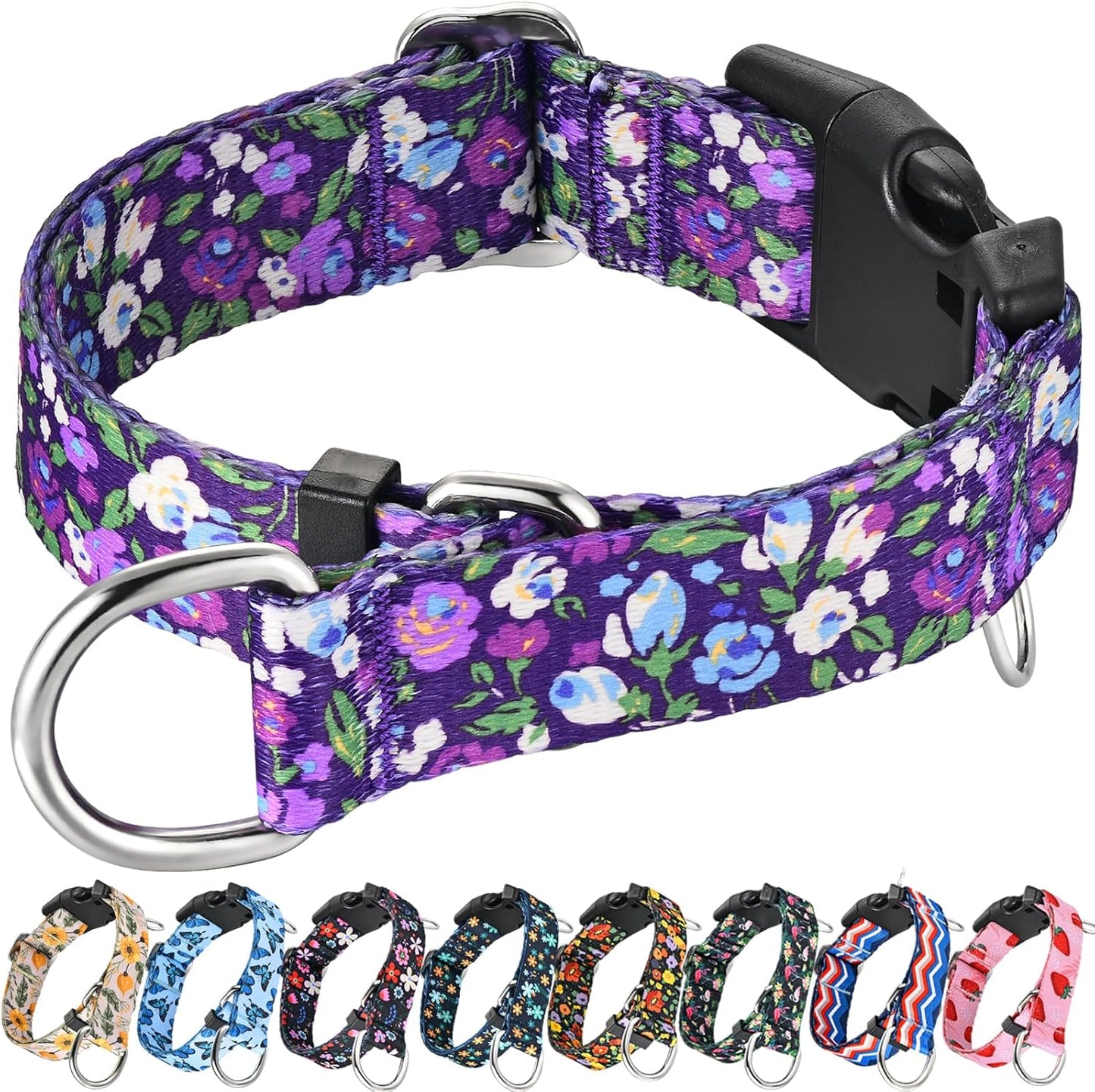 Fidohug Martingale Dog Collar front view showing the purple floral pattern and quick-release buckle