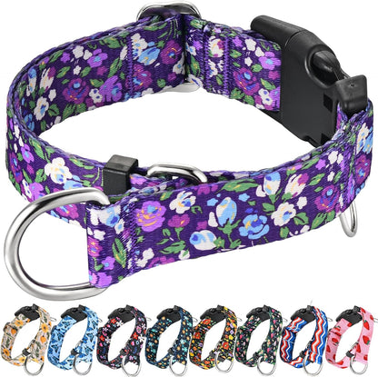 Fidohug Martingale Dog Collar front view showing the purple floral pattern and quick-release buckle