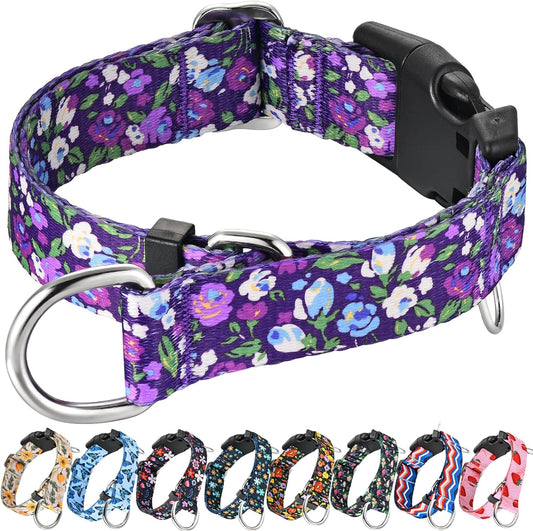 Fidohug Martingale Dog Collar front view showing the purple floral pattern and quick-release buckle