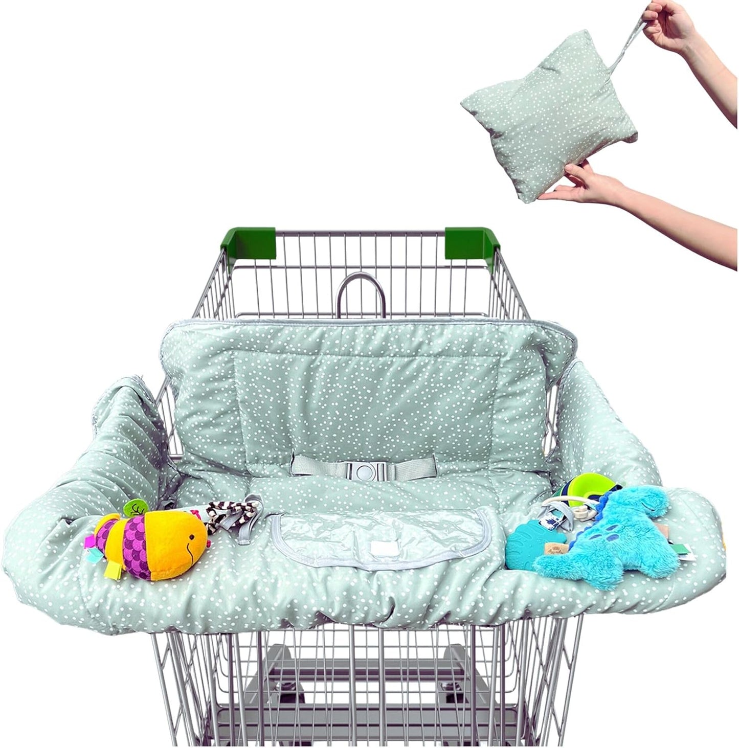 WyldSprouts + Co extra padded baby shopping cart cover front view installed on a grocery trolley.