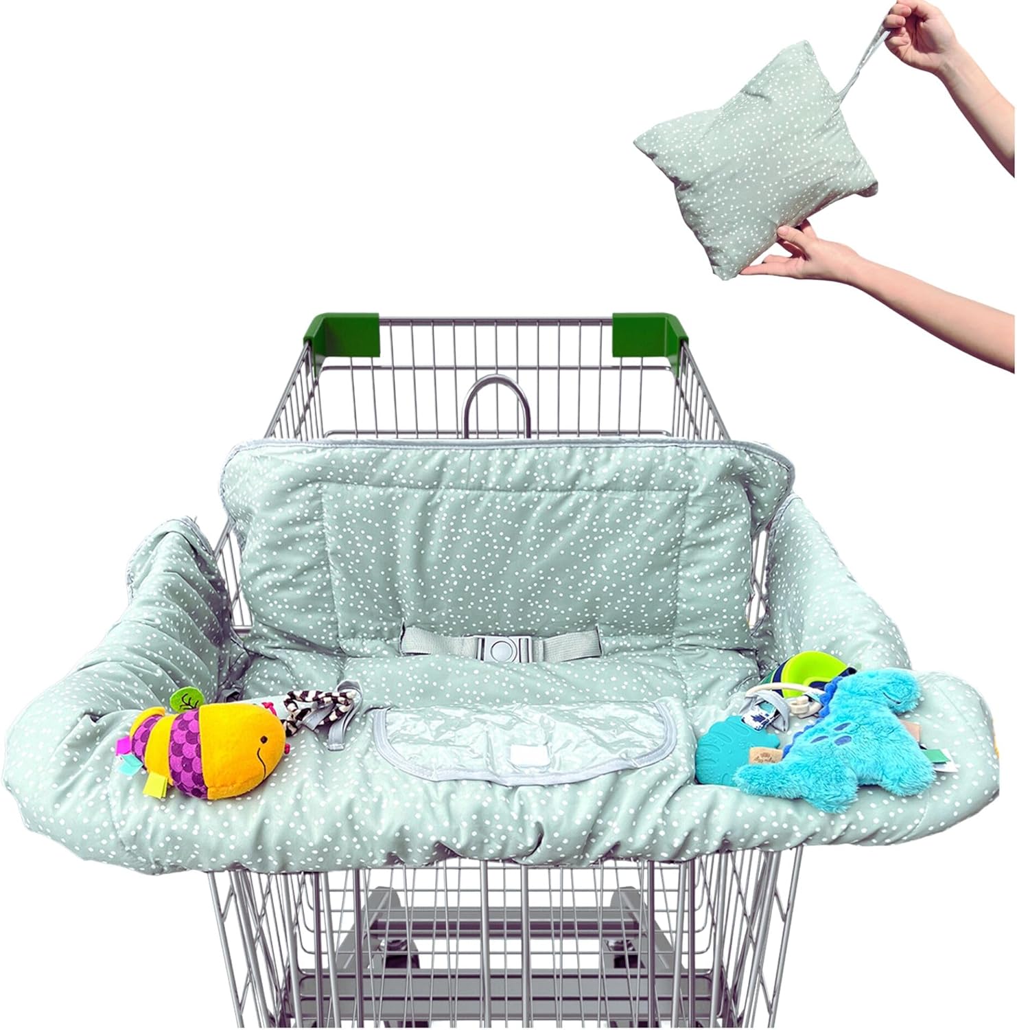 WyldSprouts + Co extra padded baby shopping cart cover front view installed on a grocery trolley.