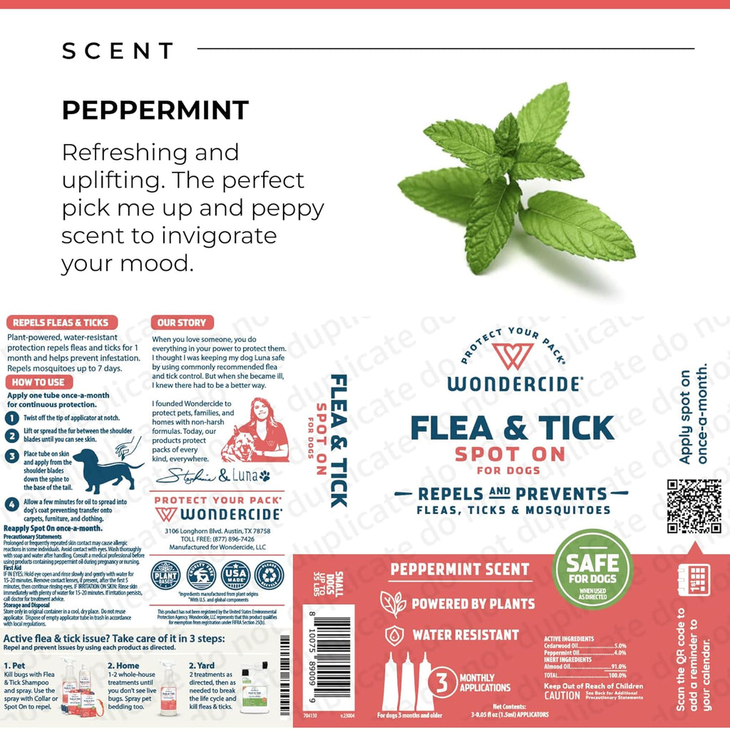 Wondercide water resistant flea treatment application instructions on pack