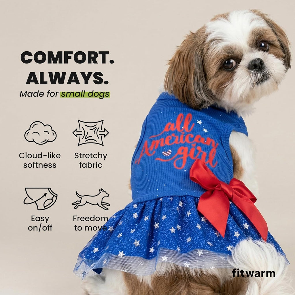 Fitwarm red white and blue dog dress modeled by a small puppy