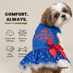 Fitwarm red white and blue dog dress modeled by a small puppy