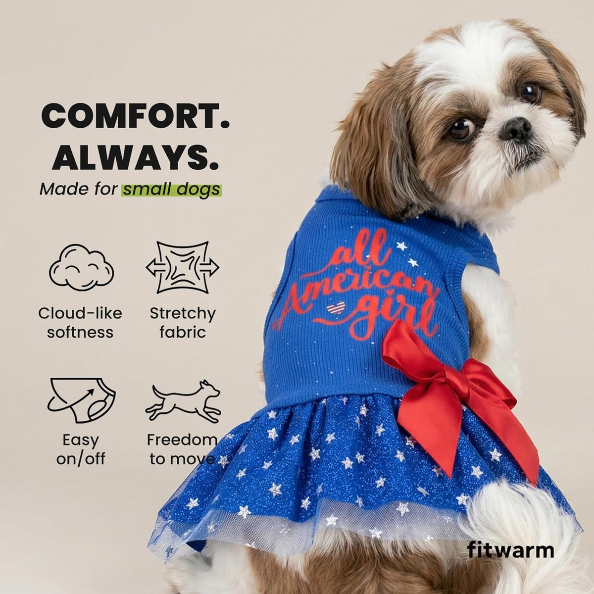 Fitwarm red white and blue dog dress modeled by a small puppy
