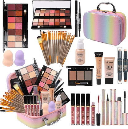 MTDXILTAI makeup set for girls front view showing the pink rainbow organizer case closed.