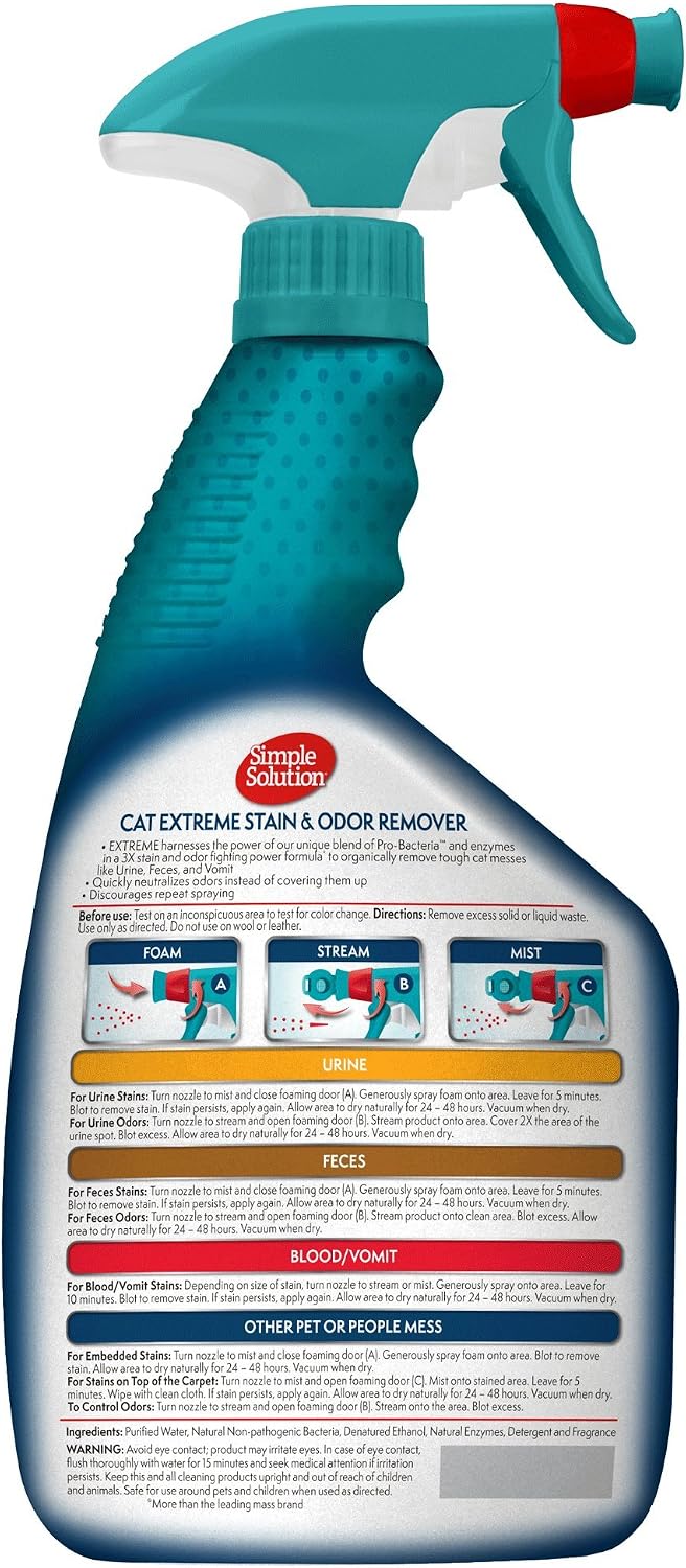 Two pack of Simple Solution pet urine destroyer spray showcasing the three in one adjustable nozzle settings