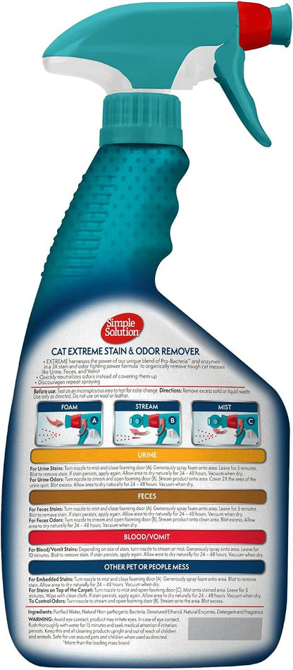 Two pack of Simple Solution pet urine destroyer spray showcasing the three in one adjustable nozzle settings