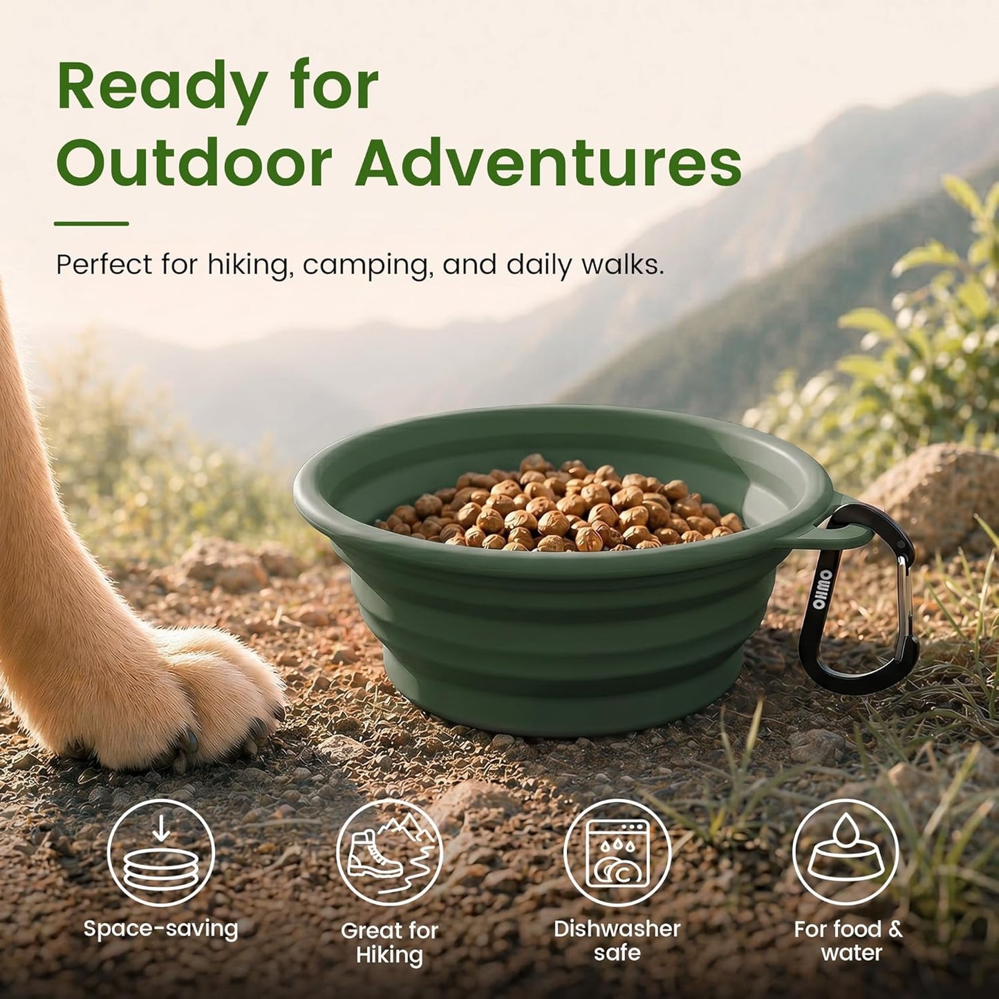 Premium silicone pet bowl with attached aluminum carabiner clip