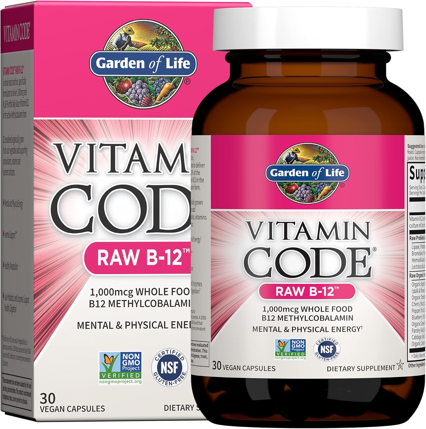 Garden of Life Vitamin Code Raw B12 30 capsules front packaging showing brand label and product benefits