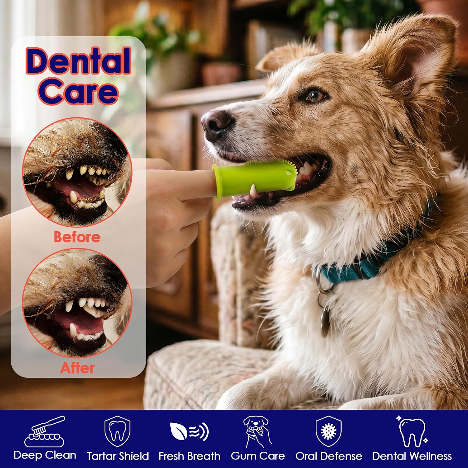 Soft silicone bristles on dog finger toothbrush for plaque removal