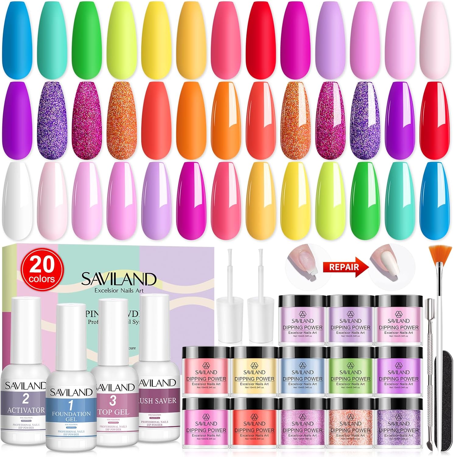 Saviland 29 Piece Dip Powder Nail Kit Starter set front view.