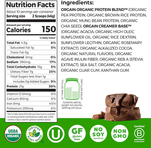 Orgain plant based chocolate protein powder nutritional information panel close up