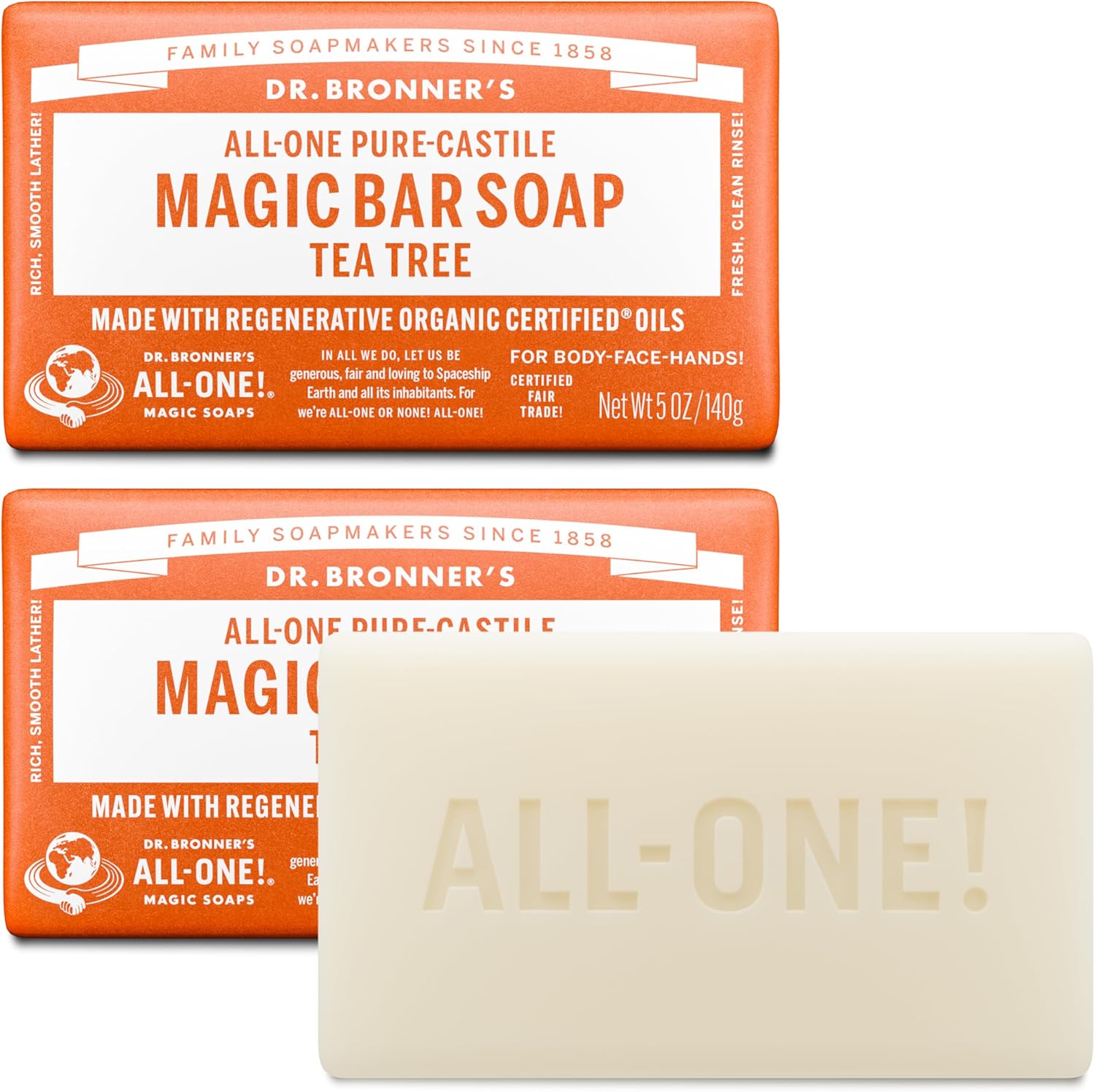 Dr. Bronner's Pure-Castile Magic Bar Soap Tea Tree front packaging view for organic skincare