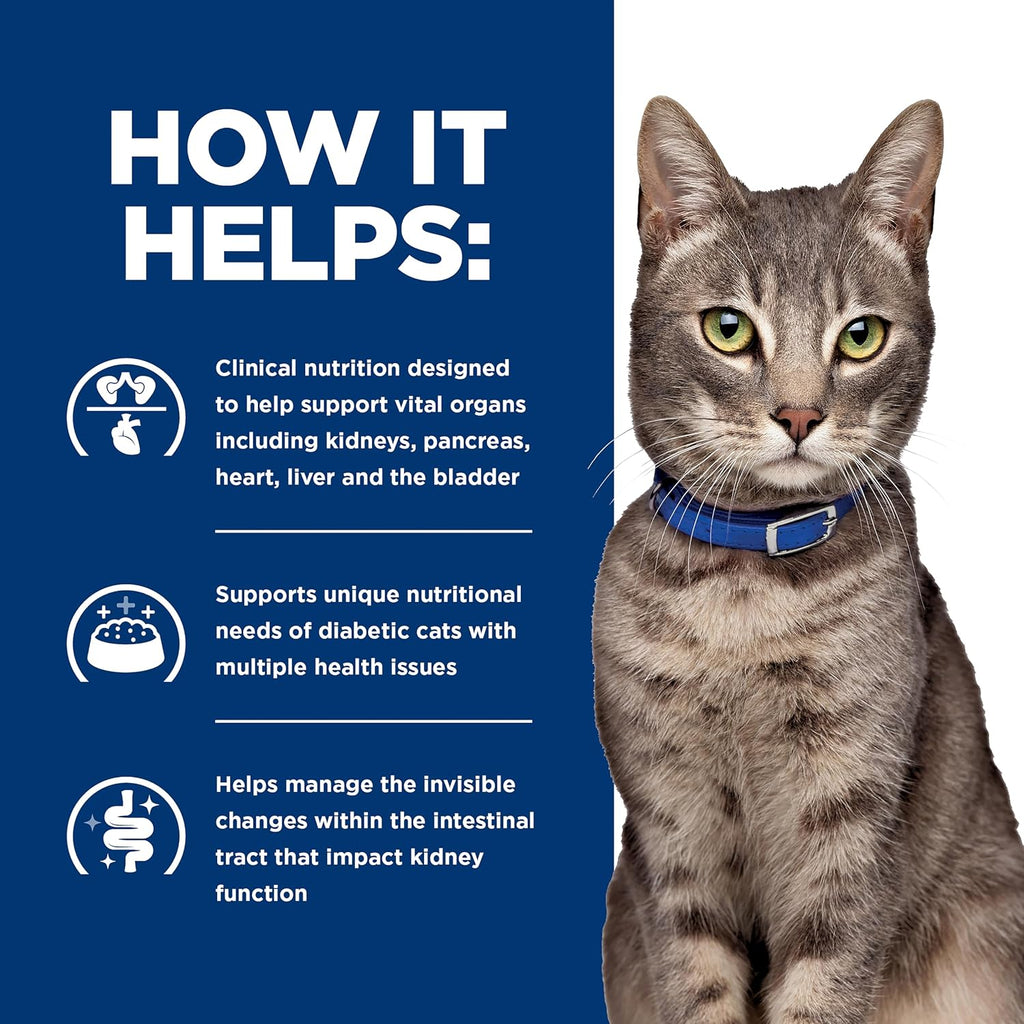 Close up view of Hill's multi-organ support feline wet canned food label.
