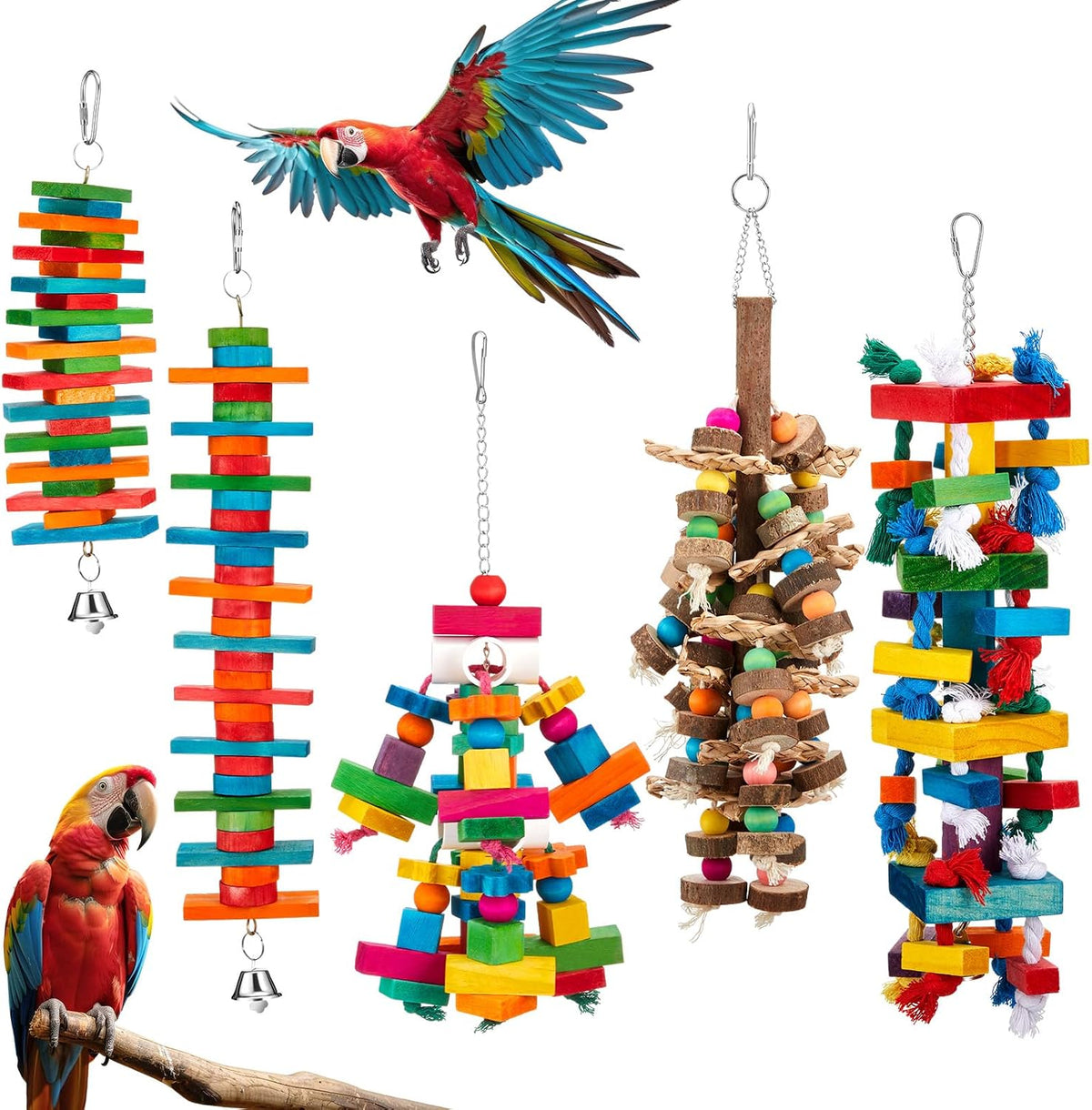 Seenelling 4 Pcs Extra Large Bird Parrot Toy Multicolored Natural Wooden Parrot Cage Chewing Toys for Large Medium Macaws Cockatoos African Grey Birds (Block and Ball) - Image 11