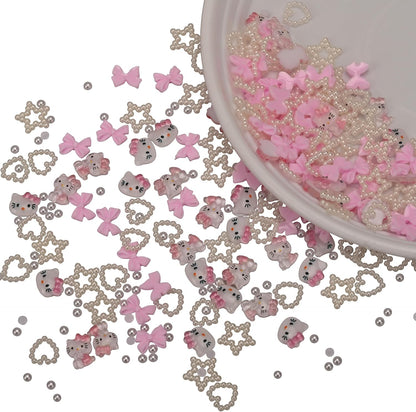 Rythsans 290 Pcs Nail Pearl Kitty Heart Bow Charms collection