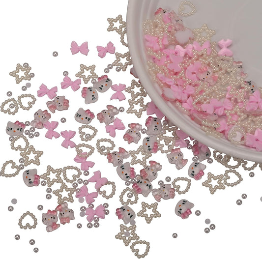 Rythsans 290 Pcs Nail Pearl Kitty Heart Bow Charms collection