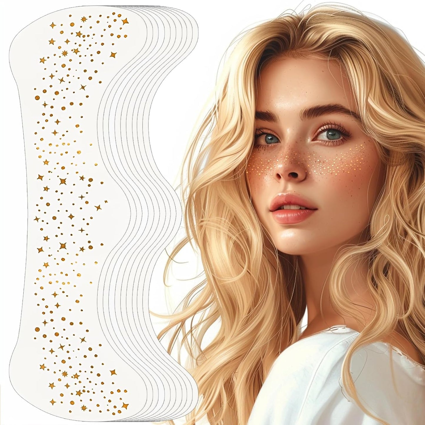Generic glitter freckles face tattoo front view packaging showcasing ten sheets of gold sparkle makeup patches.