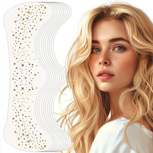 Generic glitter freckles face tattoo front view packaging showcasing ten sheets of gold sparkle makeup patches.