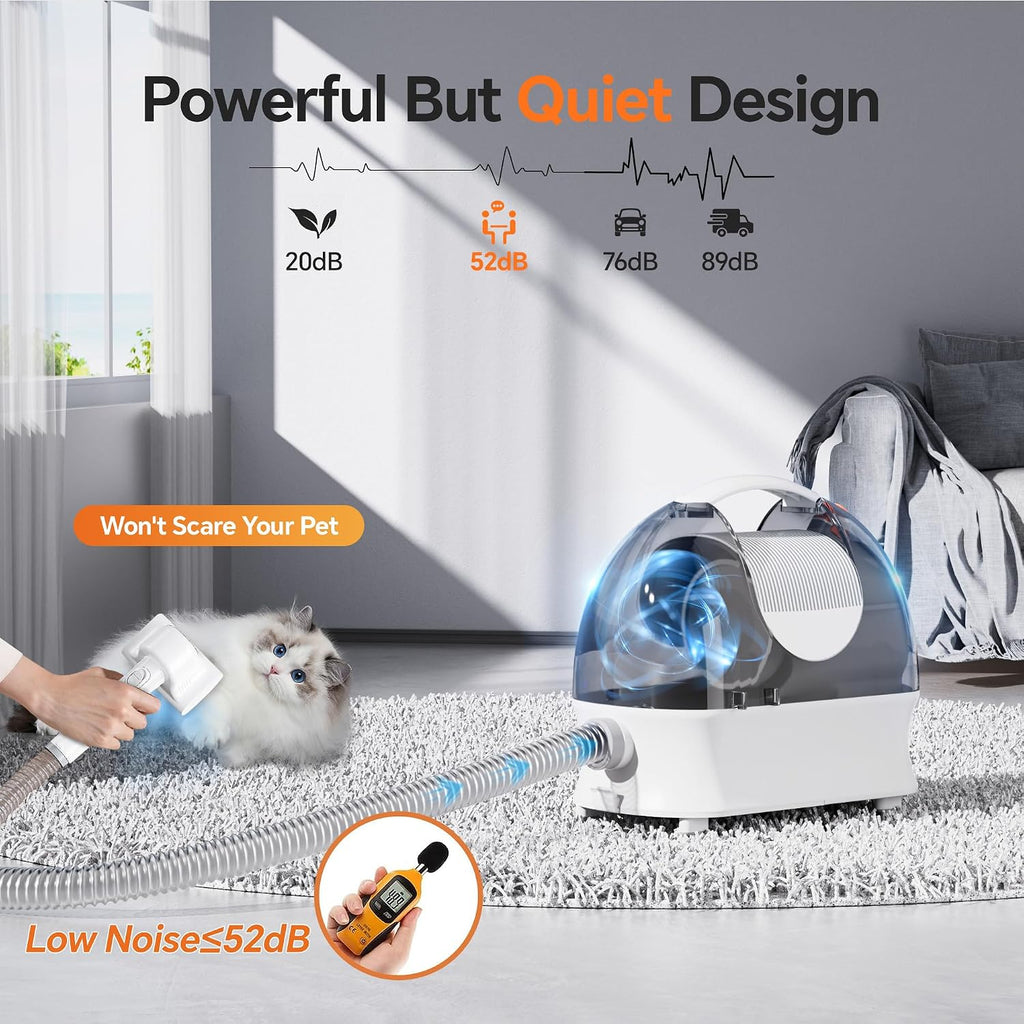 SpeedBoost pet grooming vacuum with three litre dust cup container highlighted.