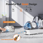 SpeedBoost pet grooming vacuum with three litre dust cup container highlighted.