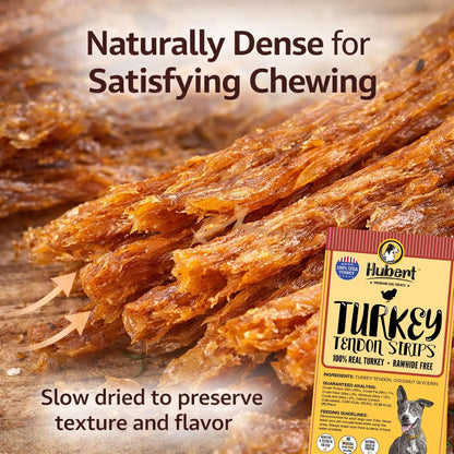 Close up look at the high protein grain free turkey tendon dog treat.