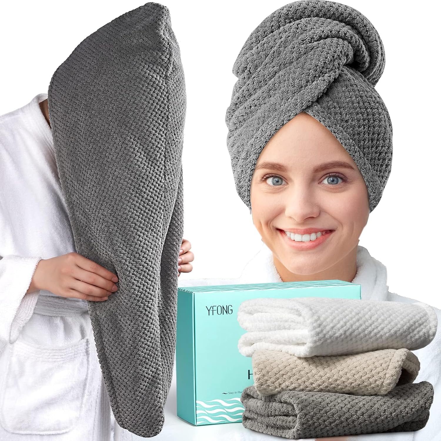 Yfong 3 Pack Microfiber Hair Towel Wrap set front view